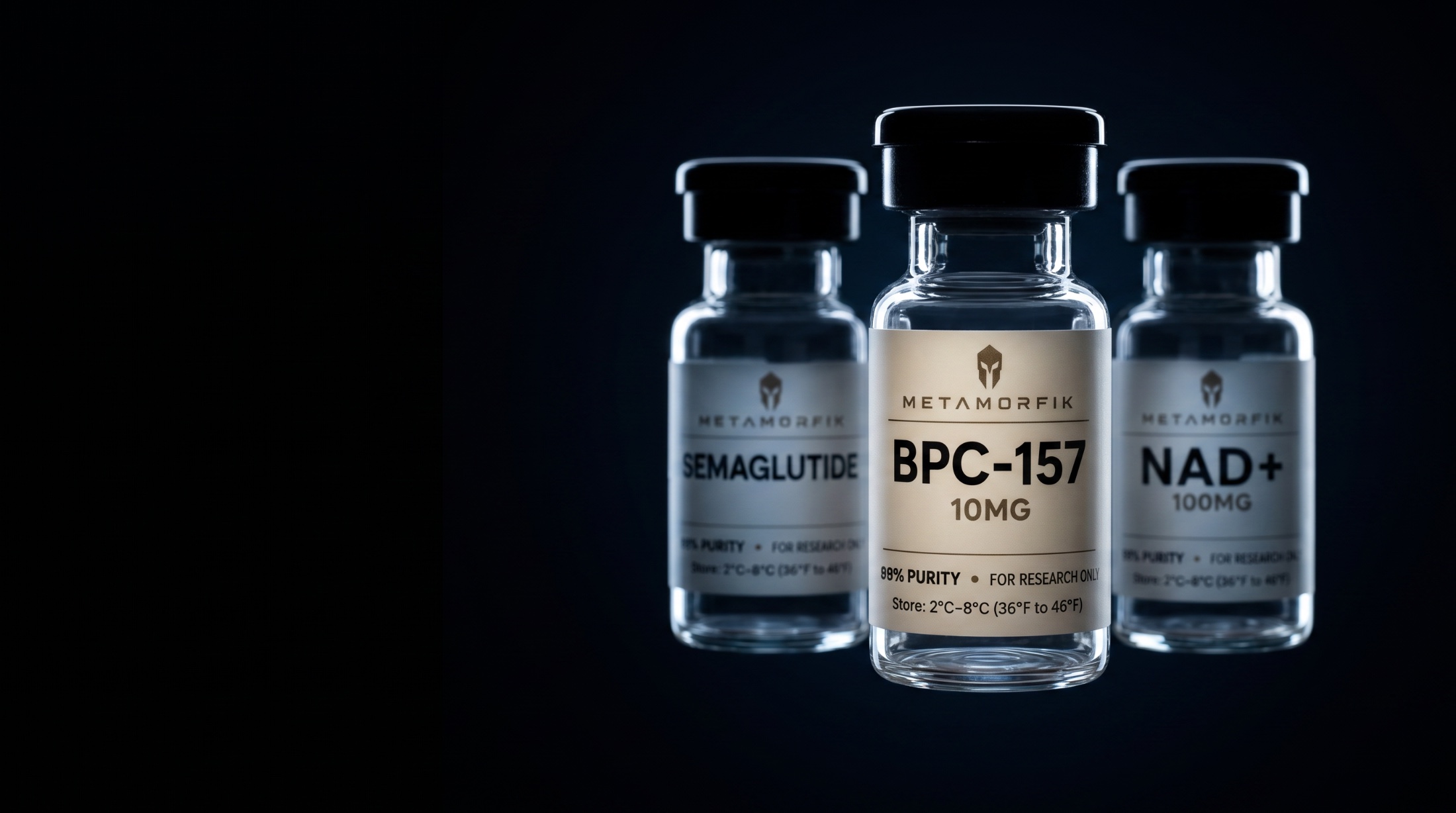 METAMORFIK research peptide vials — BPC-157, Semaglutide, NAD+